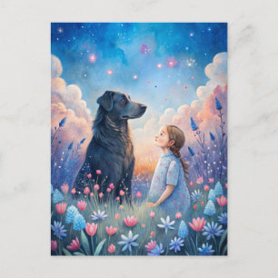 Girl Black Dog Starry Night Sky Postcard