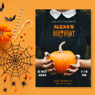  Girl black dress holding pumpkin birthday Invitation