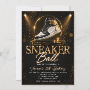 girl black gold glamour 16th birthday sneaker ball invitation