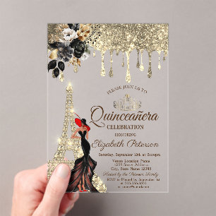 Girl Black Roses Eiffel Tower Gold Drips Red Acrylic Invitations