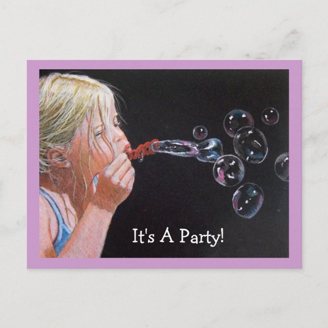 Girl Blowing Bubbles: Birthday Party Invitation Postcard (Front)