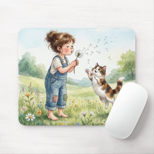 Girl Blowing Dandelion Seedlings with Cat Mouse Pad (With Mouse)