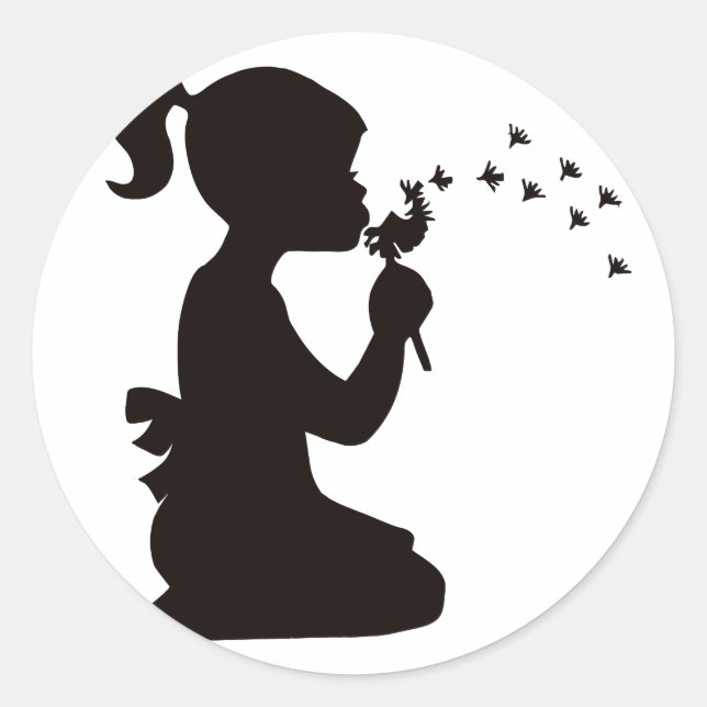 Girl Blowing on Dandelion silhouette Classic Round Sticker (Front)