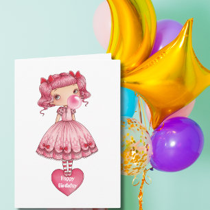 Girl Blowing Pink Bubble Gum Bubble, Birthday Card