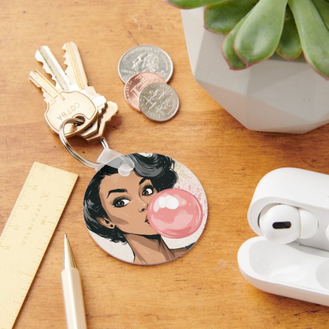 Girl Blowing Pink Bubble Gum Bubble Fun Cute Key Ring (Desk)