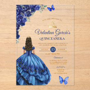 Girl Blue Dress Quinceañera 15 Anos Flowers Gold Acrylic Invitations