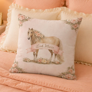 Girl Blush Pink Floral Horse Rose Monogram Name Cushion