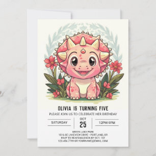 Girl Bohemian Pink Dinosaur Girl Birthday Invitation