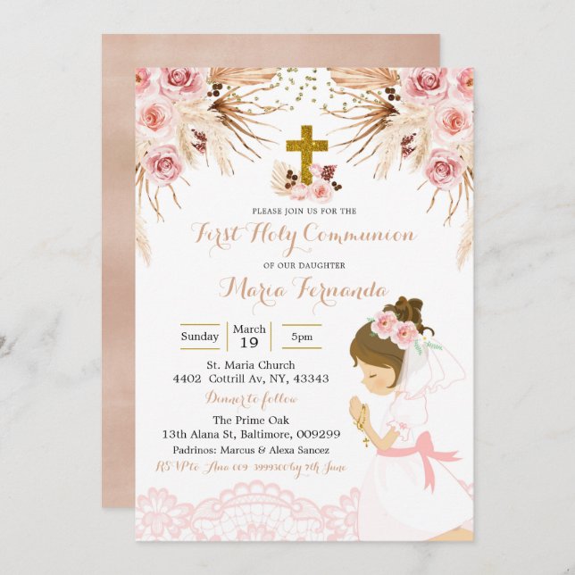 Girl Boho Pampas Floral first communion Invitation (Front/Back)
