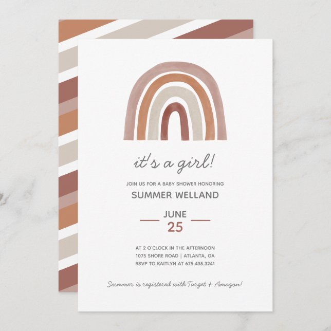 Girl Boho Watercolor Rainbow Baby Shower Invitation (Front/Back)