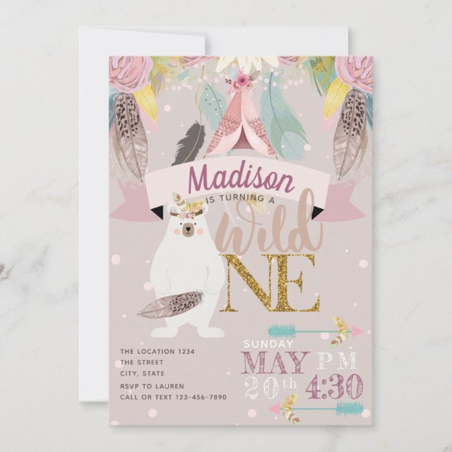 Girl Boho Wild One First Birthday Invitation (Front)