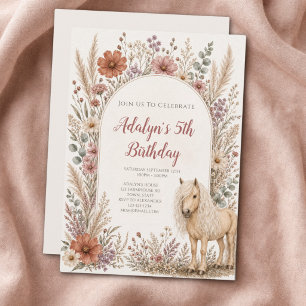 Girl Boho Wildflower Horse 5th Birthday Invitation