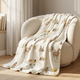 Girl Boho Wildflower Horse and Butterfly Pattern Fleece Blanket