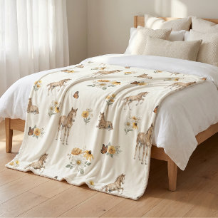 Girl Boho Wildflower Horse and Butterfly Pattern Sherpa Blanket