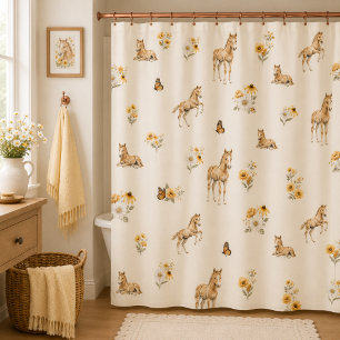 Girl Boho Wildflower Horse Butterfly Pattern Shower Curtain
