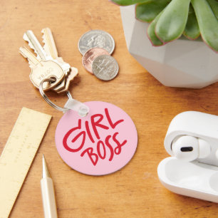 Girl Boss Bold Typography Red & Pink Feminine Key Ring