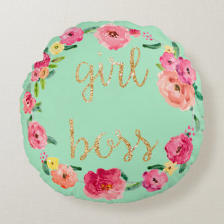 Girl Boss Floral Glitter Circle Pillow