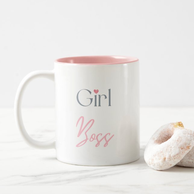 Girl Boss, Pink Heart Empowerment Gift Two-Tone Coffee Mug (With Donut)