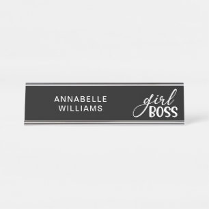 Girl Boss Trendy Chic Black And White Typography Desk Name Plate