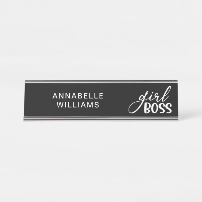 Girl Boss Trendy Chic Black And White Typography Desk Name Plate (Front)