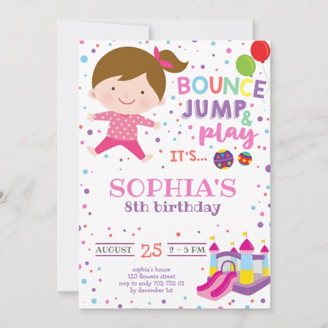 Girl Bounce Jump Colourful Rainbow Birthday Party Invitation (Front)