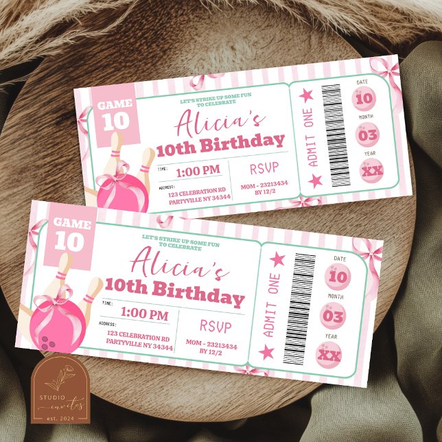 Girl Bow Bowling Birthday Ticket Invitation (Creator Uploaded)