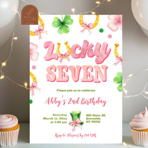 Girl Bow Glitter Lucky Seven St Patrick Birthday Invitation