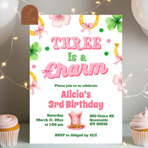 Girl Bow Glitter three is a charm St Patrick Invitation