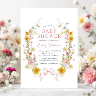 Girl Bow Pink Wildflower Coquette Baby Shower Invitation