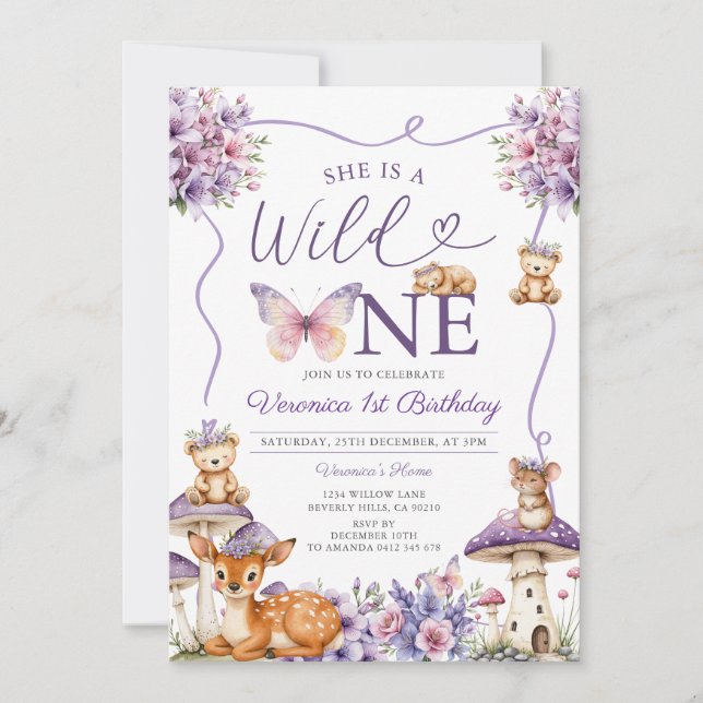Girl Bow Purple Deer Woodland Wild One Birthday Invitation (Front)