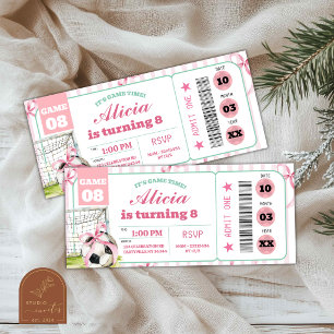 Girl Bow Soccer Birthday Ticket Invitation