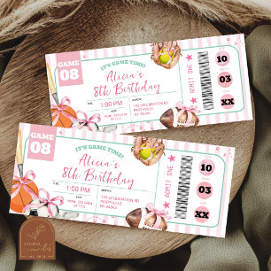 Girl Bow Sports Birthday Ticket Invitation