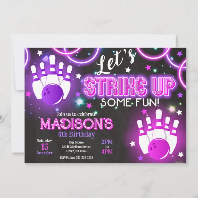 Girl Bowling Invitation Glow Neon Birthday Party (Front)