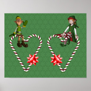 Girl Boy Elf Candy Cane Hearts Christmas Holiday Poster