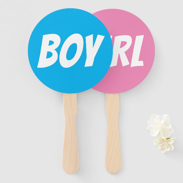 Girl / Boy gender reveal blue pink quiz game sign Hand Fan (Front and Back)
