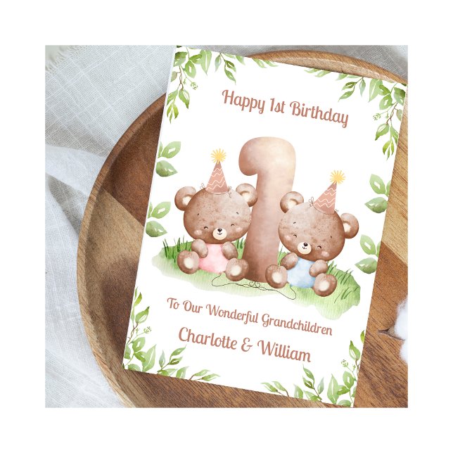 Girl Boy Twins 1st Birthday Teddy Bear Card (Creator Uploaded)