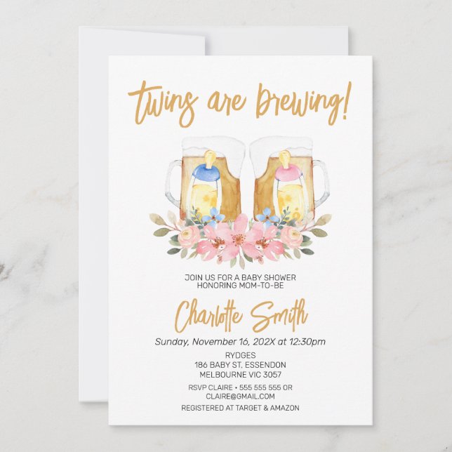 Girl Boy Twins Baby is Brewing Baby Shower  Invitation (Front)