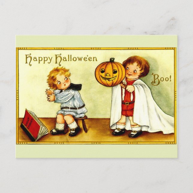 Girl & Boy Vintage Image Halloween Pumpkin & Ghost Postcard (Front)