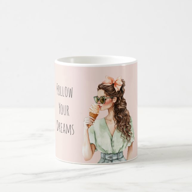 Girl Brown Hair Peach Bow Ice Cream Cone Coffee Mug (Center)