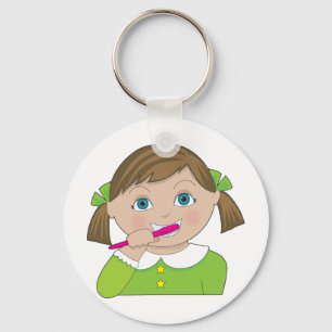 Girl Brushing Teeth Key Ring