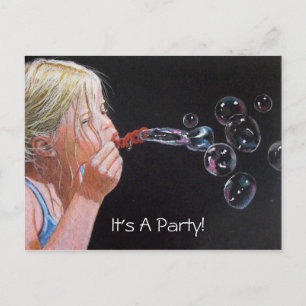 GIRL: BUBBLES: ART: PARTY: INVITATION POSTCARD