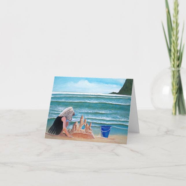 Girl building sand castle at the beach note cards (Front)