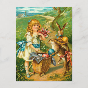 Girl & Bunnies Floral Vintage Easter Landscape Holiday Postcard