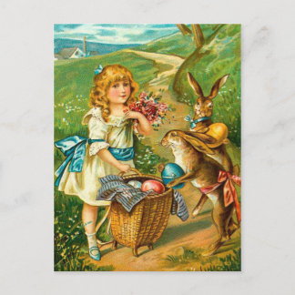 Girl & Bunnies Floral Vintage Easter Landscape Holiday Postcard