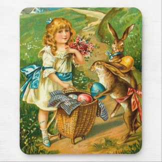 Girl & Bunnies Floral Vintage Easter Landscape Mouse Pad