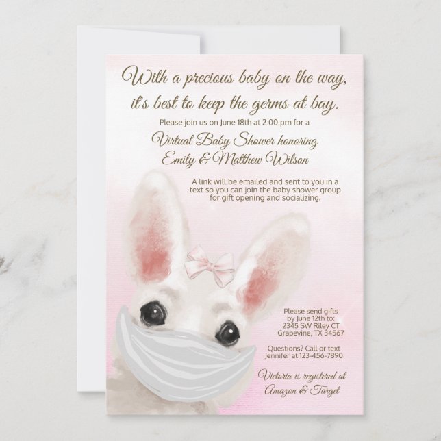 Girl Bunny Rabbit Mask Drive By Online Baby Shower Invitation (Front)