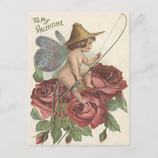 Girl Butterfly Wings Fishing Reel Rose Postcard (Front)