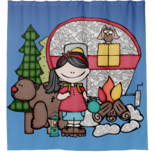 Girl Camping in Woods Bear Campfire Shower Curtain