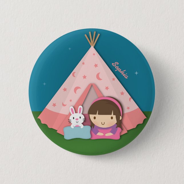 Girl Camping Teepee Tent Bunny 6 Cm Round Badge (Front)