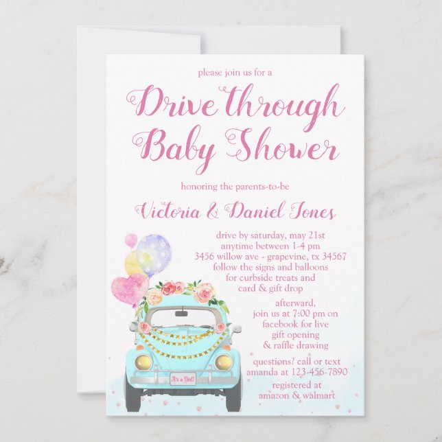 Girl Car Drive Through Baby Shower Invitation (Front)